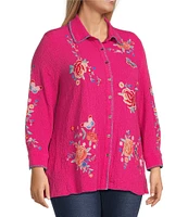 Calessa Plus Size Floral Embroidered Point Collar Long Sleeve Button Front Tunic