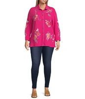 Calessa Plus Size Floral Embroidered Point Collar Long Sleeve Button Front Tunic