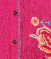 Calessa Plus Size Floral Embroidered Point Collar Long Sleeve Button Front Tunic