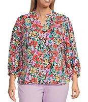 Calessa Plus Size Floral Split V-Neck 3/4 Sleeve Button Front Tunic