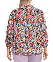 Calessa Plus Size Floral Split V-Neck 3/4 Sleeve Button Front Tunic
