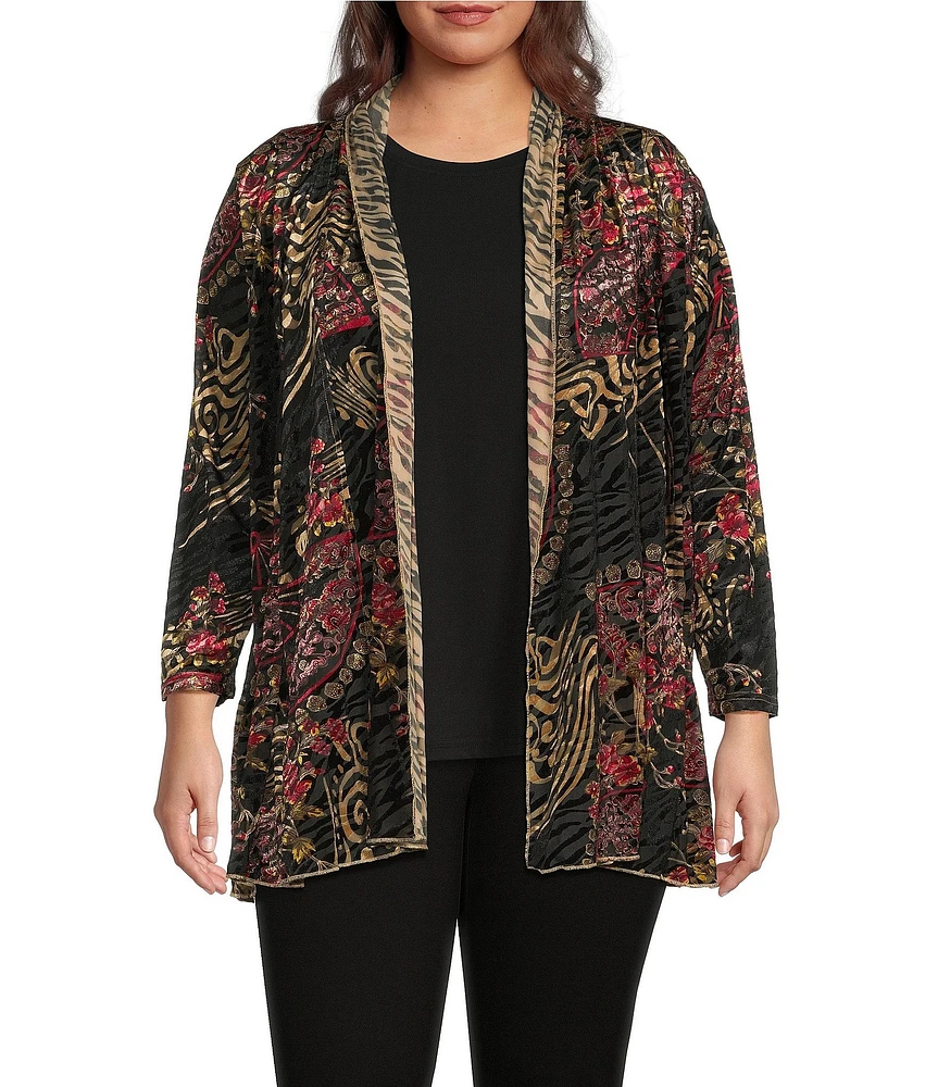 Calessa Plus Size Floral Velvet Burnout Point Collar Long Sleeve Button-Front Duster