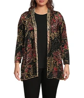 Calessa Plus Size Floral Velvet Burnout Point Collar Long Sleeve Button-Front Duster