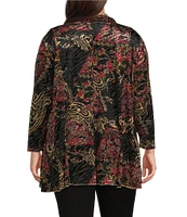 Calessa Plus Size Floral Velvet Burnout Point Collar Long Sleeve Button-Front Duster