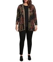 Calessa Plus Size Floral Velvet Burnout Point Collar Long Sleeve Button-Front Duster