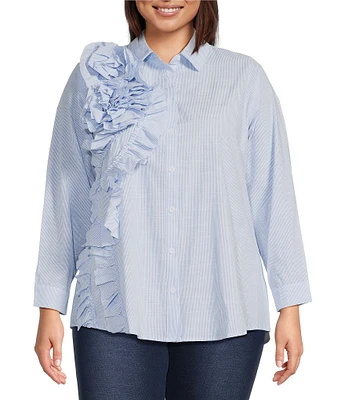 Calessa Plus Size Flower Applique Banded Collar Wrist Sleeve Button Front Tunic