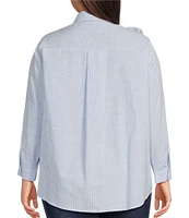 Calessa Plus Size Flower Applique Banded Collar Wrist Sleeve Button Front Tunic