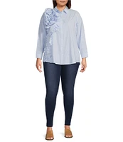 Calessa Plus Size Flower Applique Banded Collar Wrist Sleeve Button Front Tunic