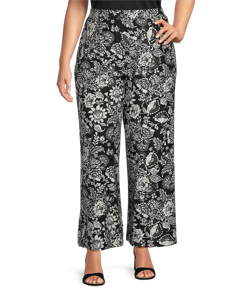 Calessa Plus Size Coordinating Garden Floral Print Wide Leg Pull-On Pants