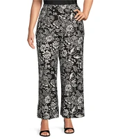 Calessa Plus Size Coordinating Garden Floral Print Wide Leg Pull-On Pants
