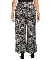 Calessa Plus Size Coordinating Garden Floral Print Wide Leg Pull-On Pants