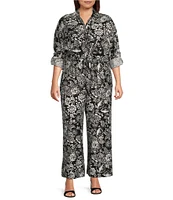 Calessa Plus Size Coordinating Garden Floral Print Wide Leg Pull-On Pants