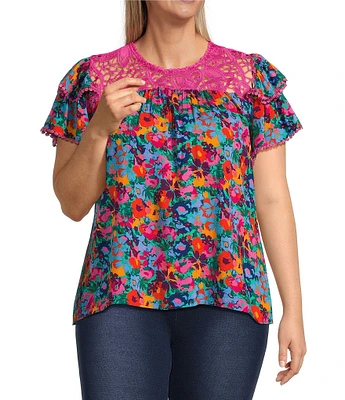 Calessa Plus Size Garden Floral Round Neck Short Sleeve Lace Detail Top