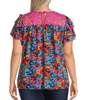 Calessa Plus Size Garden Floral Round Neck Short Sleeve Lace Detail Top
