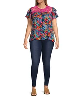 Calessa Plus Size Garden Floral Round Neck Short Sleeve Lace Detail Top