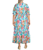 Calessa Plus Size Italian Floral Print V-Neck Long Sleeve Tiered Pull-On Shift Dress