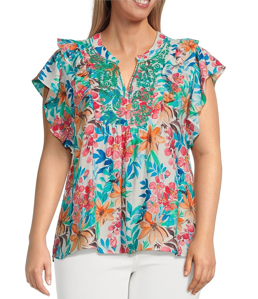 Calessa Plus Size Italian Floral Split V-Neck Ruffle Cap Sleeve Top