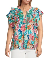 Calessa Plus Size Italian Floral Split V-Neck Ruffle Cap Sleeve Top