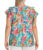 Calessa Plus Size Italian Floral Split V-Neck Ruffle Cap Sleeve Top