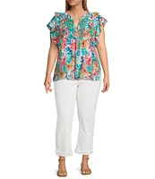 Calessa Plus Size Italian Floral Split V-Neck Ruffle Cap Sleeve Top