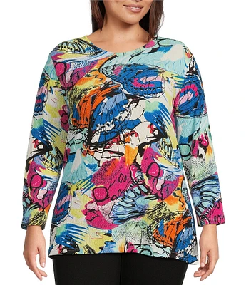Calessa Plus Size Knit Abstract Butterfly Print Crew Neck 3/4 Sleeve Tunic