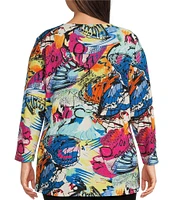 Calessa Plus Size Knit Abstract Butterfly Print Crew Neck 3/4 Sleeve Tunic