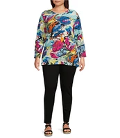 Calessa Plus Size Knit Abstract Butterfly Print Crew Neck 3/4 Sleeve Tunic