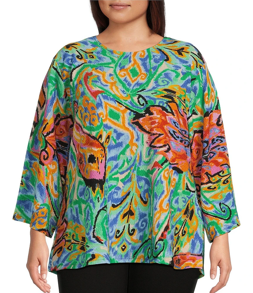 Calessa Plus Size Knit Abstract Mosaic Print Crew Neck 3/4 Sleeve Tunic