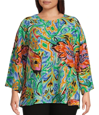 Calessa Plus Size Knit Abstract Mosaic Print Crew Neck 3/4 Sleeve Tunic