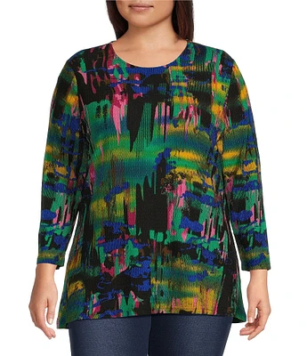 Calessa Plus Size Knit Brushstroke Abstract Print Crew Neck 3/4 Sleeve Tunic