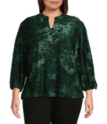 Calessa Plus Size Knit Burnout Tie-Dye Split Neck Long Sleeve Tunic