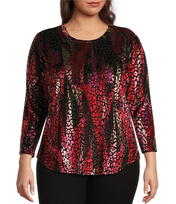 Calessa Plus Size Knit Burnout Velvet Abstract Wave Print Crew Neck Long Sleeve Tunic