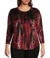 Calessa Plus Size Knit Burnout Velvet Abstract Wave Print Crew Neck Long Sleeve Tunic