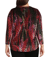 Calessa Plus Size Knit Burnout Velvet Abstract Wave Print Crew Neck Long Sleeve Tunic