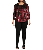 Calessa Plus Size Knit Burnout Velvet Abstract Wave Print Crew Neck Long Sleeve Tunic