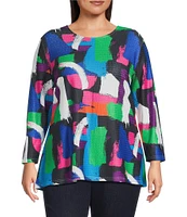 Calessa Plus Size Knit Printed Scoop Neck Long Sleeve Tunic