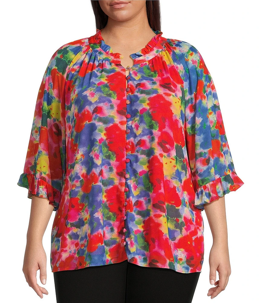 Calessa Plus Size Mesh Abstract Print Split V-Neck Long Sleeve Button Front Tunic