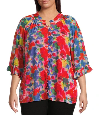 Calessa Plus Size Mesh Abstract Print Split V-Neck Long Sleeve Button Front Tunic