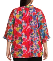 Calessa Plus Size Mesh Abstract Print Split V-Neck Long Sleeve Button Front Tunic