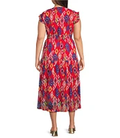 Calessa Plus Size Mesh Knit Abstract Ikat Print V-Neck Cap Sleeve Midi Dress