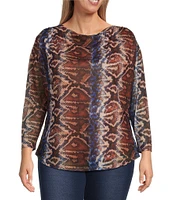 Calessa Plus Size Mesh Knit Abstract Snake Print Drape Neck Long Sleeve Top