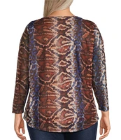 Calessa Plus Size Mesh Knit Abstract Snake Print Drape Neck Long Sleeve Top