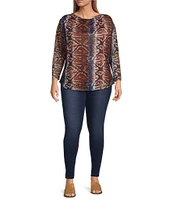 Calessa Plus Size Mesh Knit Abstract Snake Print Drape Neck Long Sleeve Top