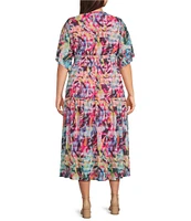 Calessa Plus Size Mesh Knit Floral V-Neck Short Sleeve A-Line Midi Dress