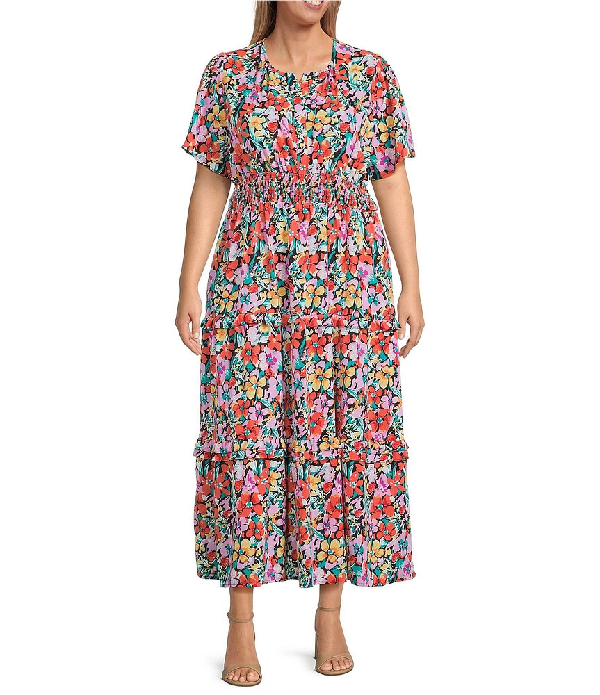 Calessa Plus Size Mesh Knit Floral V-Neck Short Sleeve Maxi Dress