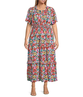 Calessa Plus Size Mesh Knit Floral V-Neck Short Sleeve Maxi Dress