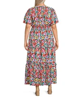 Calessa Plus Size Mesh Knit Floral V-Neck Short Sleeve Maxi Dress