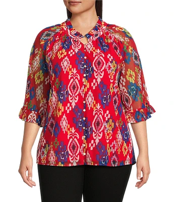 Calessa Plus Size Mesh Knit Printed Round Split Neck 3/4 Sleeve Button Front Tunic