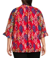 Calessa Plus Size Mesh Knit Printed Round Split Neck 3/4 Sleeve Button Front Tunic
