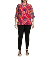 Calessa Plus Size Mesh Knit Printed Round Split Neck 3/4 Sleeve Button Front Tunic